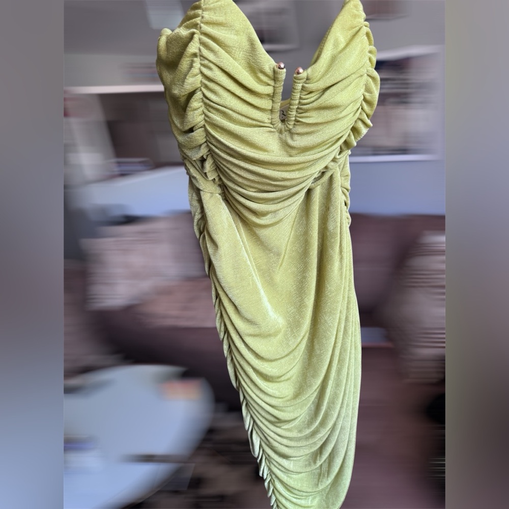 Rare London strapless midi dress in a soft lime green shade.